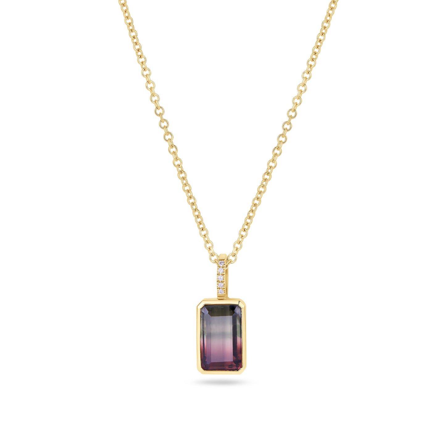 9ct yellow gold watermelon tourmaline and diamond pendant on 18inch trace chain