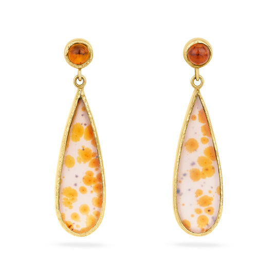 Narmada river agate and citrine earrings one of a kind 18ct yellow gold