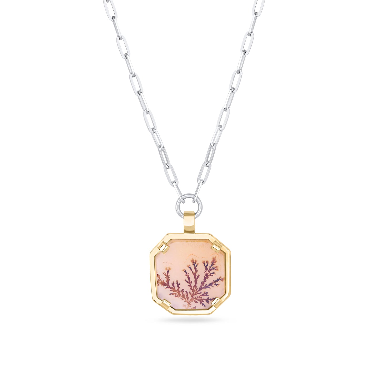 Dendritic agate framed pendant Silver and 9ct yellow gold