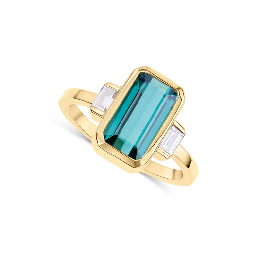 18ct yellow gold tourmaline and diamond trilogy ring