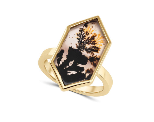 Handmade dendritic agate ring in 9ct yellow gold